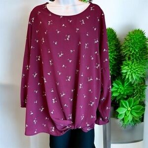 Dressbarn Maroon Blouse w Martini glasses print long sleeve size 2X